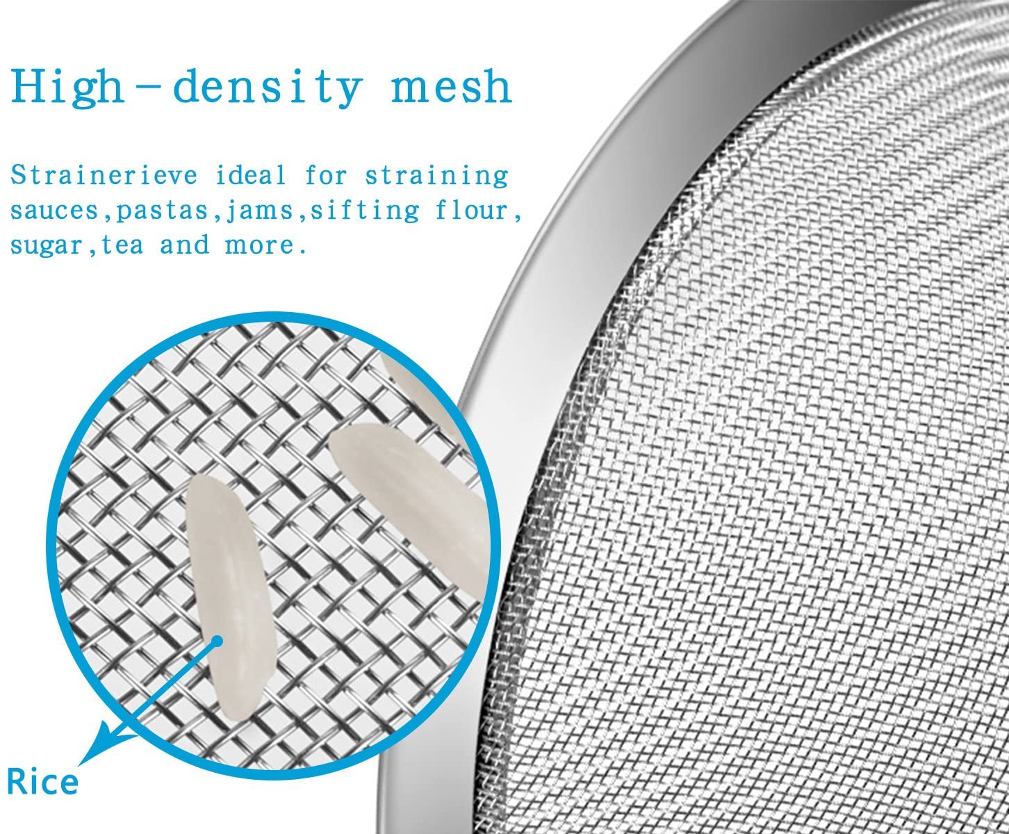 Wellehomi Fine Wire Mesh Kitchen Sieve Set 7,12,18cm with Rim, Upgraded Verison Stainless Steel Food Strainer & Sieve - Image 4