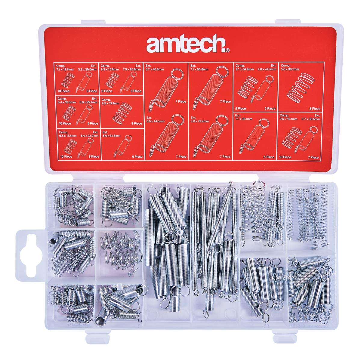 Amtech S6210 Metal Spring Assortment Set including Compression Springs and Extension Springs, 150pc, plus Storage Case