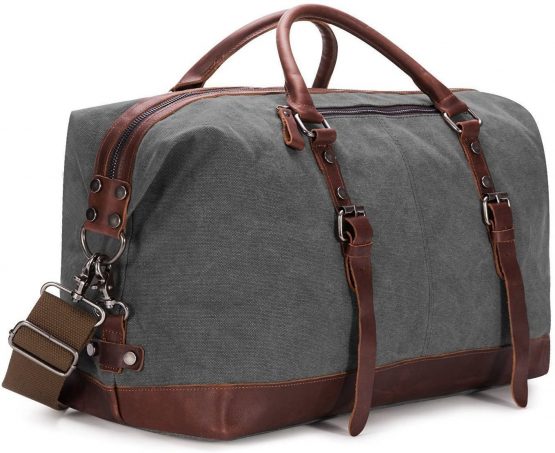 BAOSHA HB-14 Canvas PU Leather Travel Tote Duffel Bag Carry on Bag Weekender Overnight Bag (Gray)