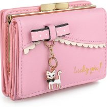 UTO Ladies Card Wallet Purse 13 Slots Kiss Lock Coin Pocket Cat Pendant PU Leather Pink