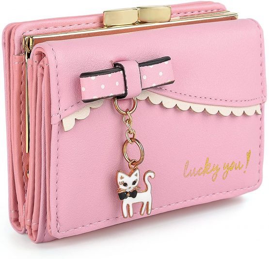 UTO Ladies Card Wallet Purse 13 Slots Kiss Lock Coin Pocket Cat Pendant PU Leather Pink