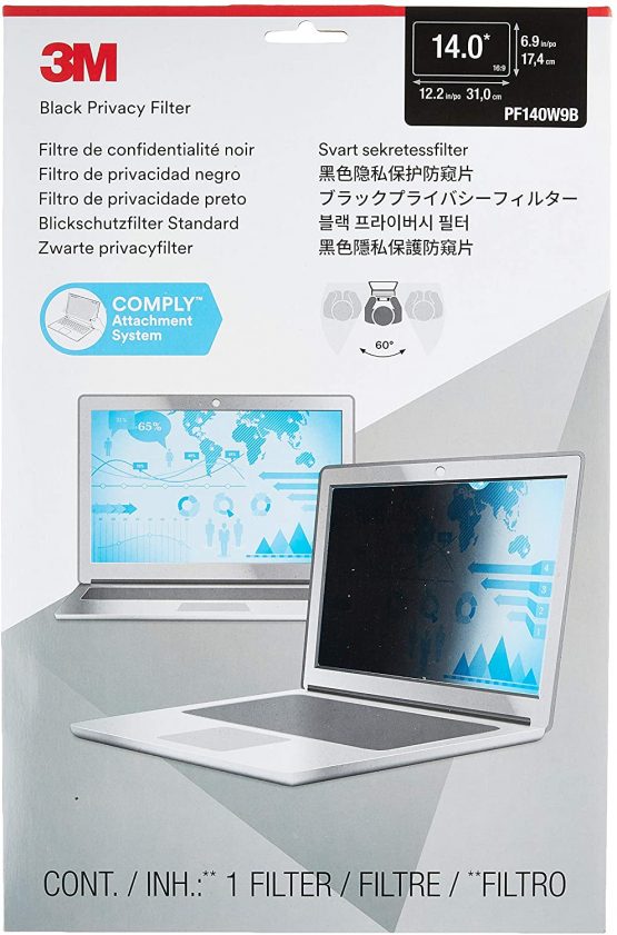3M PF140W9B Privacy Filter. 14 inch black Privacy Screen. Widescreen laptop filter. Anti glare. Protect your data from visual hacking.