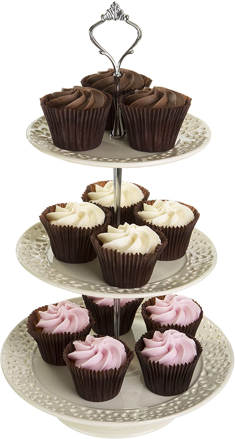 Premier Housewares 3 Tier Lace Cake Stand for Afternoon Tea - Cream, White, 14 cm - Image 4