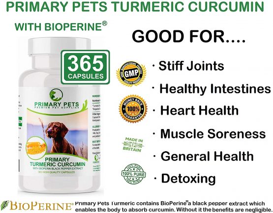 Primary Pets Premium Pet Supplies . Organic Turmeric for Dogs. 365 x 600mg Capsules. Curcumin Antioxidant Hip and Joint Aid Supplement with Active Piperine 12000mg - Image 2