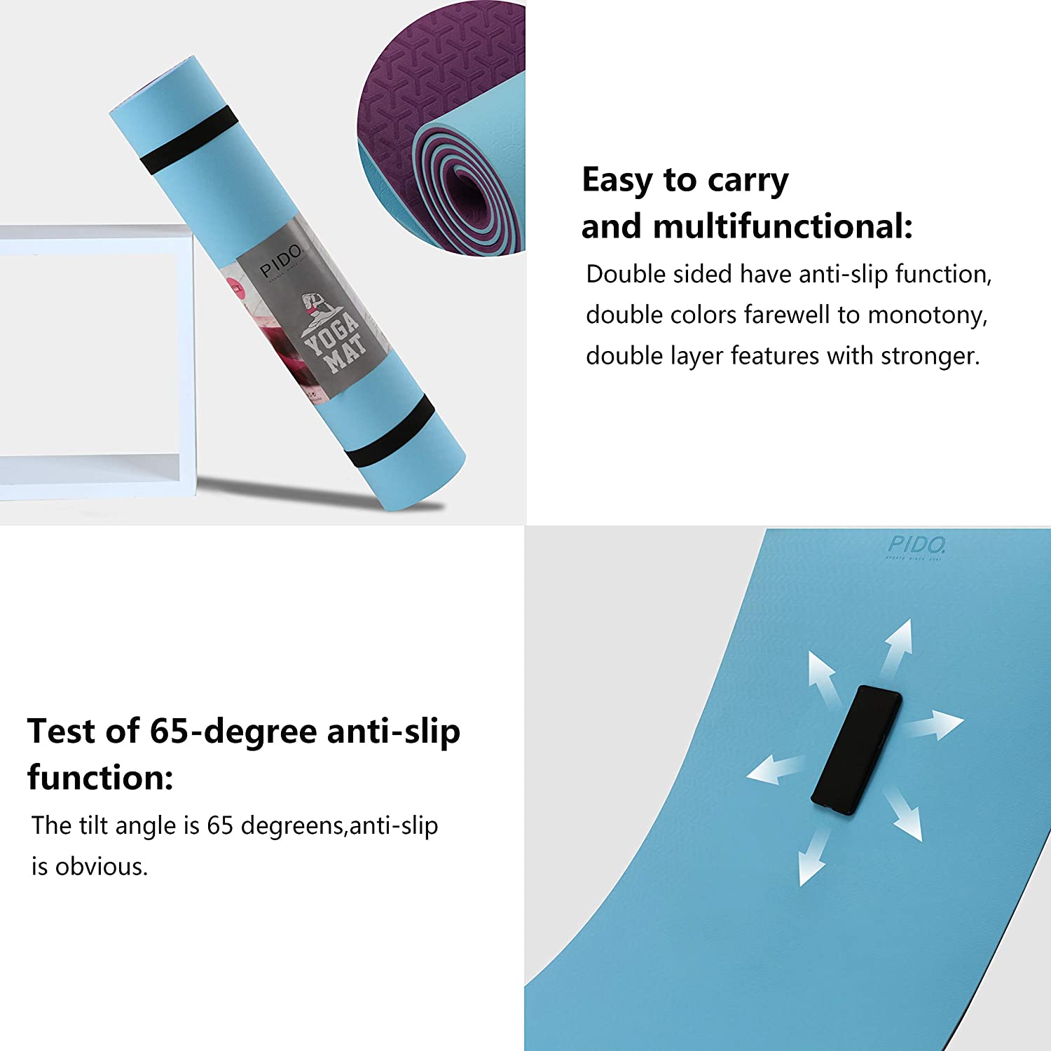 PIDO Yoga Mat Fitness Exercise Mat Specifications 72” x 24”Inch,Light