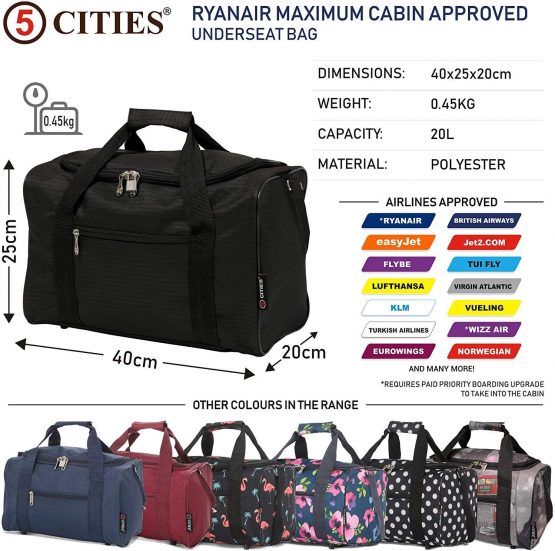 5 Cities 40x20x25 new and improved 2021 Ryanair Maximum Sized Under Seat Cabin Holdall Travel Flight Bag – Take the Max on Board! (2x Black) - Image 2