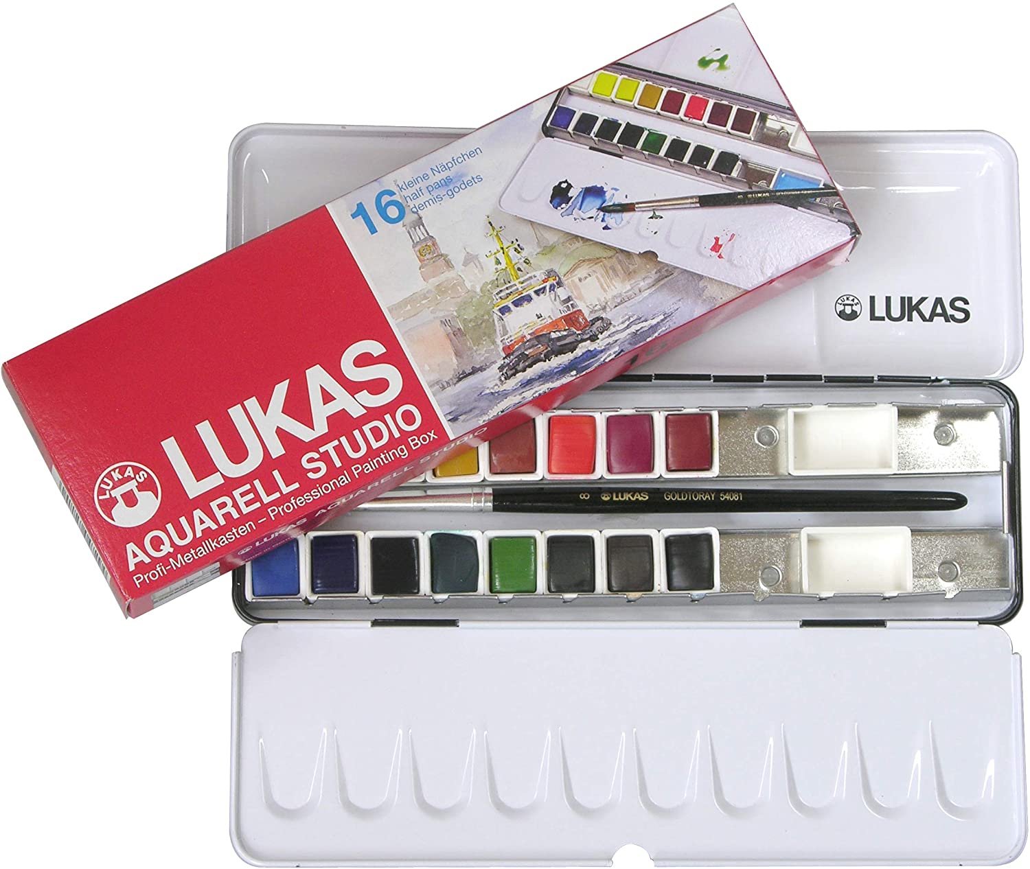 LUKAS Studio Aquarell Set, 16 x Half Pans in Assorted Colours, With Brush, For Entry-Level Professional & Student Watercolour Artists - Image 2