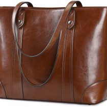 S-ZONE 15.6" Leather Laptop Bag for Women Shoulder Bag Large Work Tote with Padded Compartment