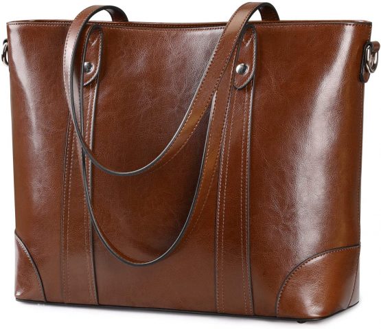S-ZONE 15.6" Leather Laptop Bag for Women Shoulder Bag Large Work Tote with Padded Compartment