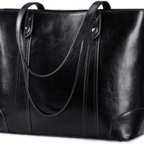 S-ZONE 15.6" Leather Laptop Bag for Women Shoulder Bag Large Work Tote with Padded Compartment
