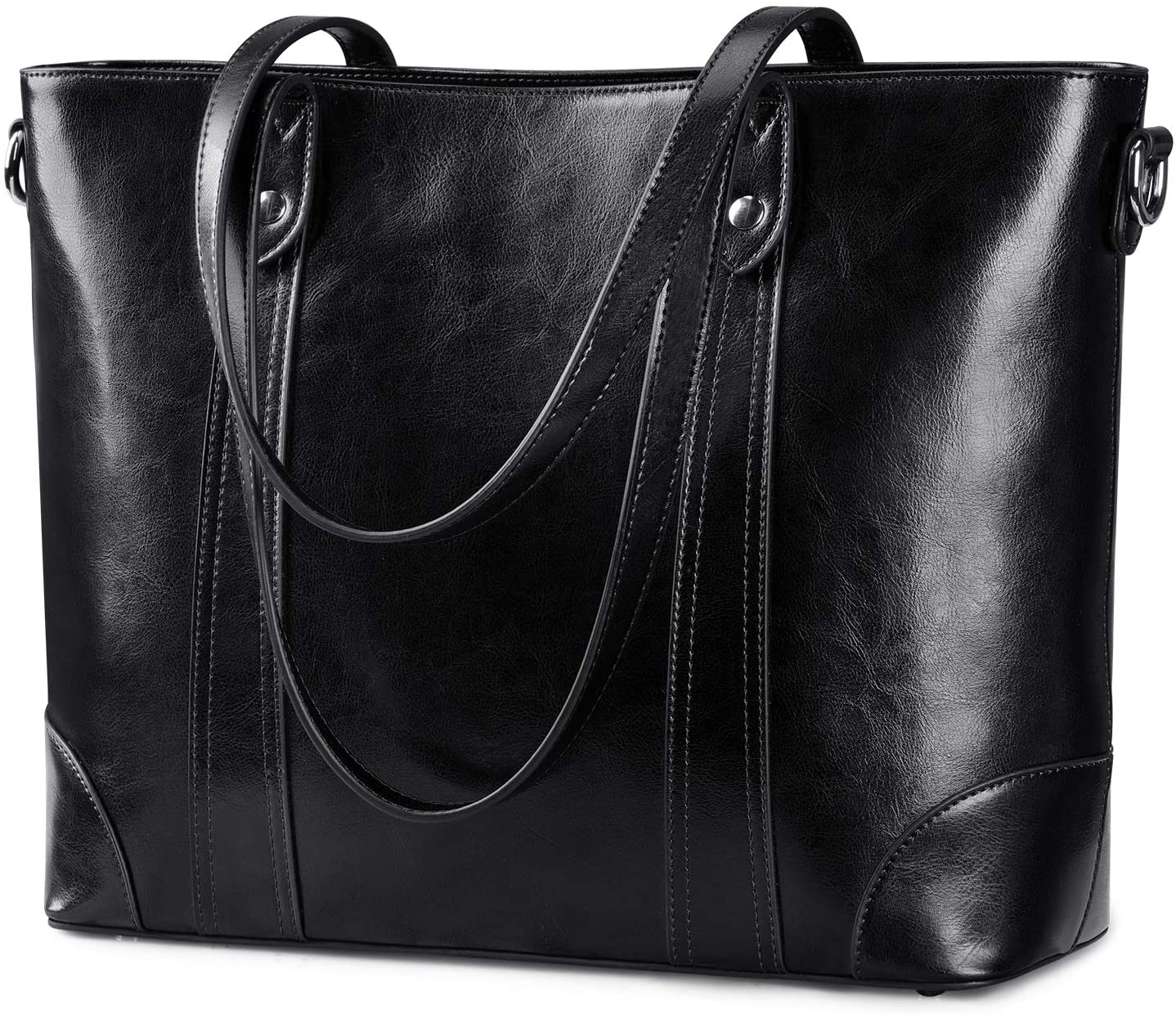 S-ZONE 15.6" Leather Laptop Bag for Women Shoulder Bag Large Work Tote with Padded Compartment, Black