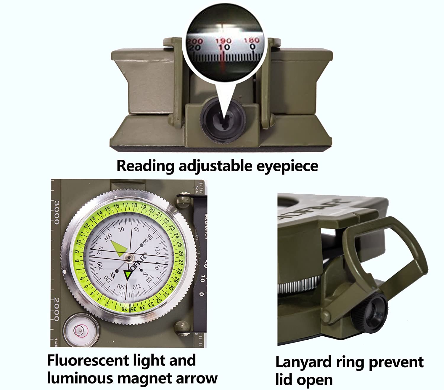 AOFAR AF-4074 Military Lensatic Sighting Compass-Multifunctional, Fluorescent, Waterproof and Shakeproof with Inclinometer and Carrying Bag for Camping, Hiking, Hunting - Image 4