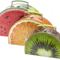 TURBO PRODUKTE Children's Suitcase Set - Play Case for Girls and Boys Round with Fruit Motif Melon, Orange, Kiwi - Ideal for Travel and Tidy in the Children's Room 3 pieces