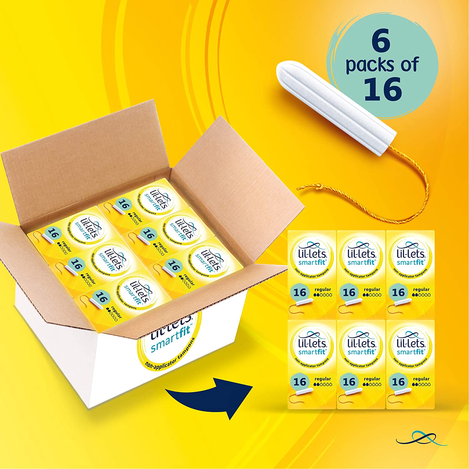 Lil-Lets Non-Applicator Regular Tampons X 96, (6 Packs of 16 Tampons), for Light to Medium Flow 2 Droplets, Plant-Based - Image 2