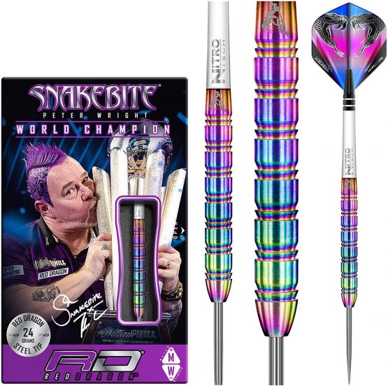 RED DRAGON Peter Wright Snakebite 1: 22g or 24g Tungsten Darts Set with Flights and Stems