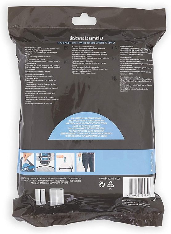 Brabantia PerfectFit Bin Liners (Size O/30 Litre) High Quality Thick Plastic Trash Bags with Tie Tape Drawstring Handles (40 Bags) - Image 2