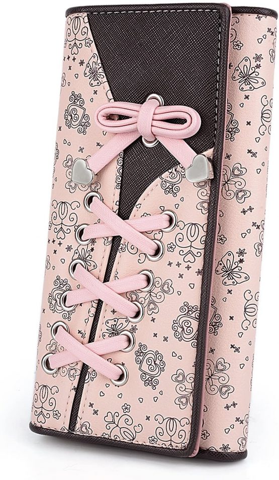 UTO RFID Purse for Women Butterfly Knot Ladies Card Wallet 11 Slots 2 ID Windows Pink