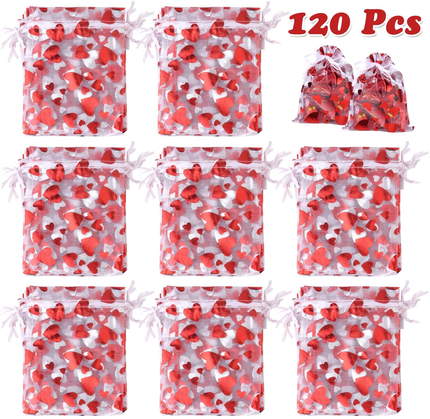 TUPARKA 120Pcs Gift Bags Love Heart Organza Bags Drawstring Pouches for Jewelry Packaging,Wedding Gift Bags Party Favor Bags