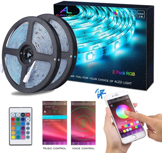 Bluetooth LED Strip 10M Waterproof LED Strips Lights Music Sync Color Changing RGB 12V 5050 Cuttable Sticky LED Lights with Remote&App Control Lights for Bedroom Outdoor Party TV Kitchen Kit(2×5m)