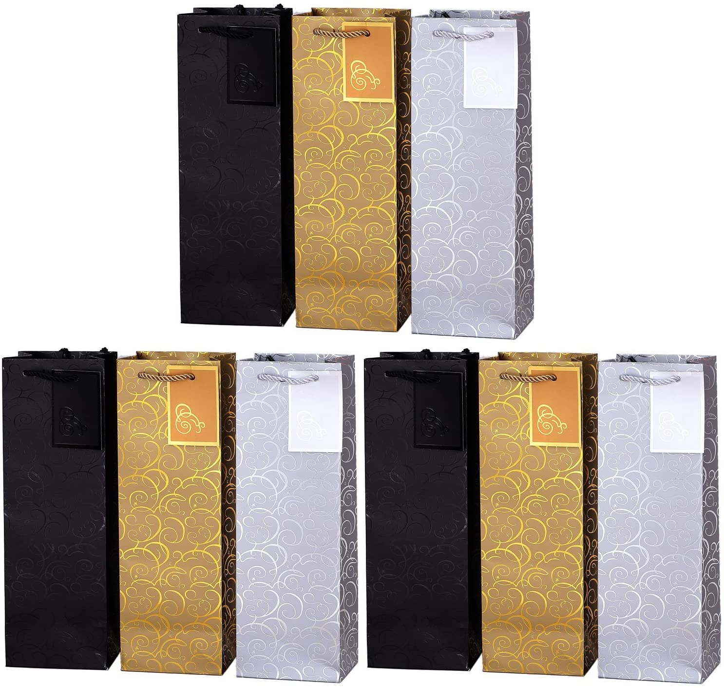 Pack of 9 Noble Bottle Gift Bags Gold Silver Black for Wine Sparkling Wine and Champagne 36 cm x 12 cm x 10 cm - 14.17" x 4.72" x 3.94"