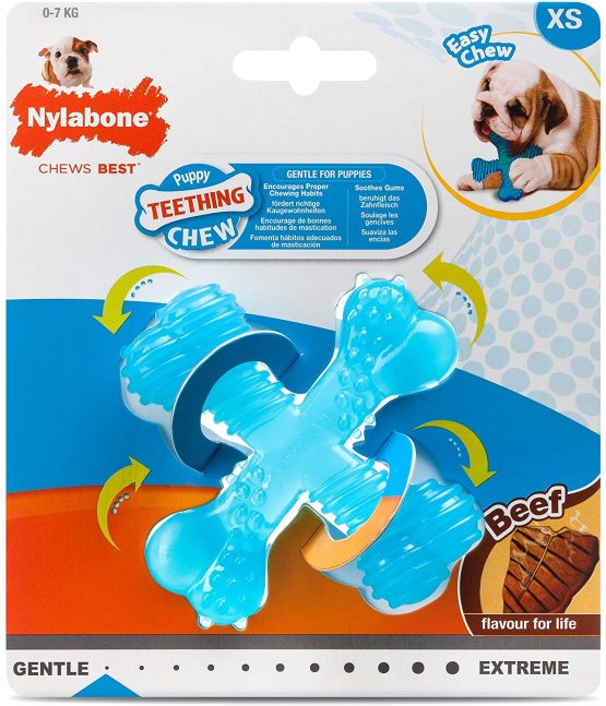 Nylabone Gentle Puppy Dog Teething X Bone Dental Chew Toy, Beef Flavour, Extra Small, for Puppies Up to 7 kg