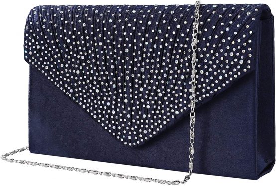 Evening Clutch Bag, Envelope Handbag Purse Shiny Women Lady Rhinestone Embellished and Pleated Satin Clutch Wallet, Shoulder Cross Body Bag for Bridal Wedding Party, Black
