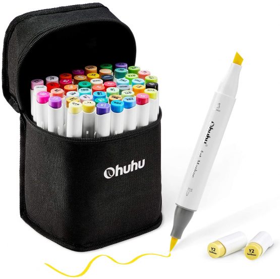 48 Color Art Markers Set, Ohuhu Dual Tip Brush & Chisel Sketch Marker for Kids, Artist, Students, Brush Markers for Sketching, Adult Coloring, Calligraphy, Drawing and Illustration Markers