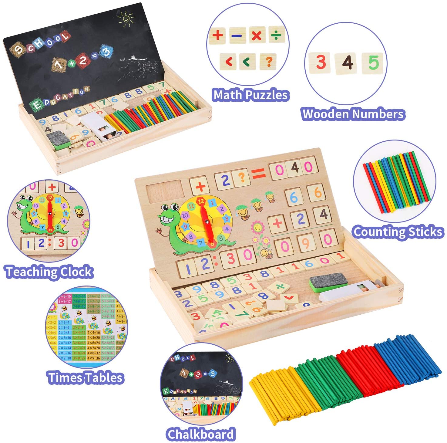 Maths Games, BBLIKE Wooden Number Blocks Montessori Toys Double Sides ...