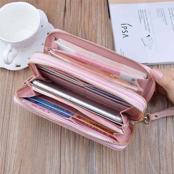 Ladies Purse Wallet with Double Zipper Coin Purse PU Leather Phone Wallet for Women Large Capacity Long Clutch Wallet with Multiple Card Slots Wristlet Wallet (Pink3) - Image 2