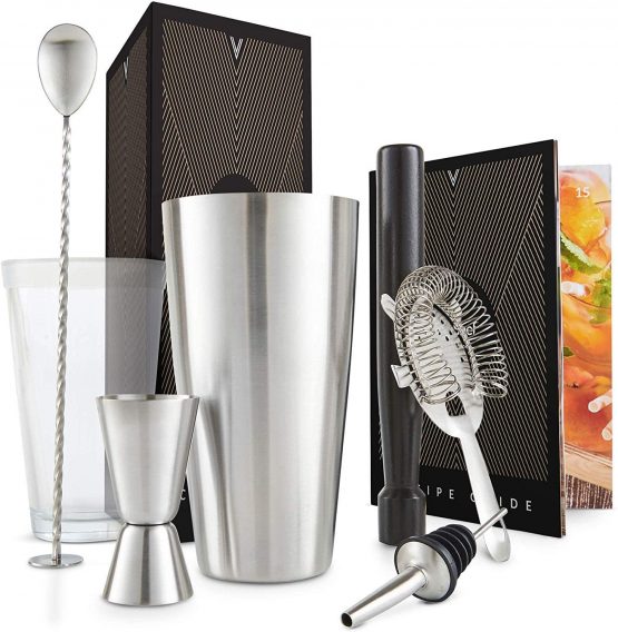 VonShef Cocktail Set – Boston Cocktail Shaker Kit 8 Piece in Gift Box with Accessories Including Glass, Jigger and Strainer