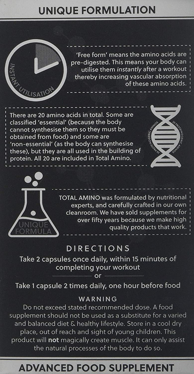 Total Amino - Full Spectrum - All 20 Amino Acids - EAA, BCAA - Free Form - 120 Vegan Capsules - Made in the UK by G&G Vitamins - Image 2