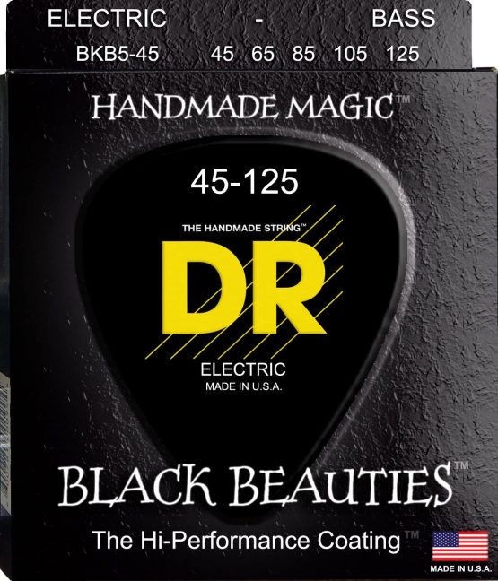 DR Strings Bass Strings, Black Beauties BASS Black Coated Nickel Plated Bass Guitar Strings on Round Core,BKB5-45