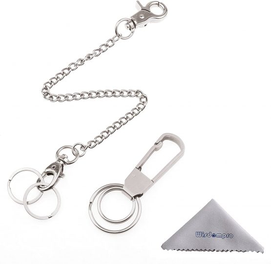Wisdompro Keychain, 2 Pack Heavy Duty Keychain (One 8 Inch Pocket Keychain for Keys & Wallets and One Stainless Steel Key-Clips with Belt Hook)