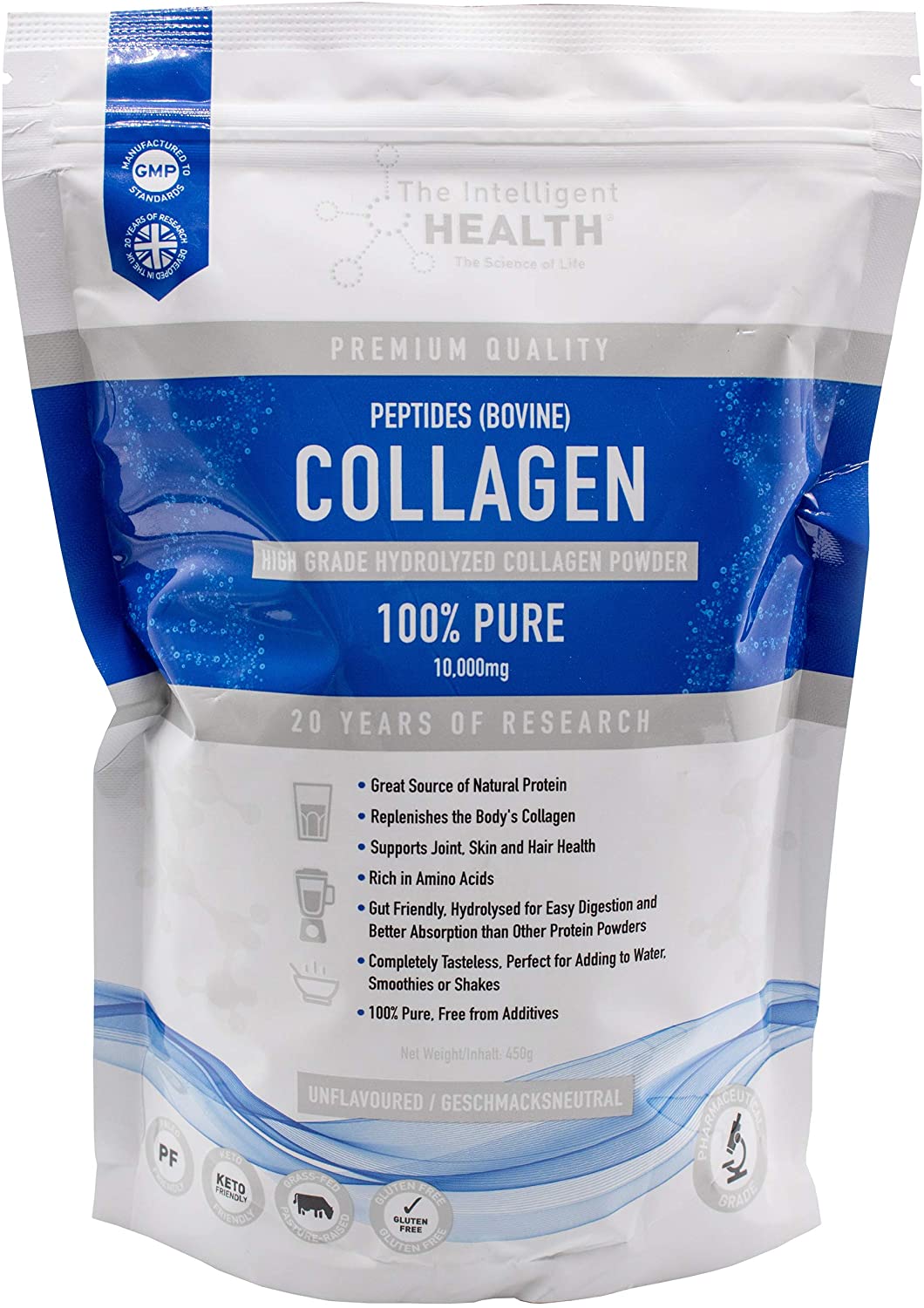 The Intelligent Health Collagen Powder, Hydrolysed Bovine Peptides, Unflavoured Protein Formula, Grass Fed