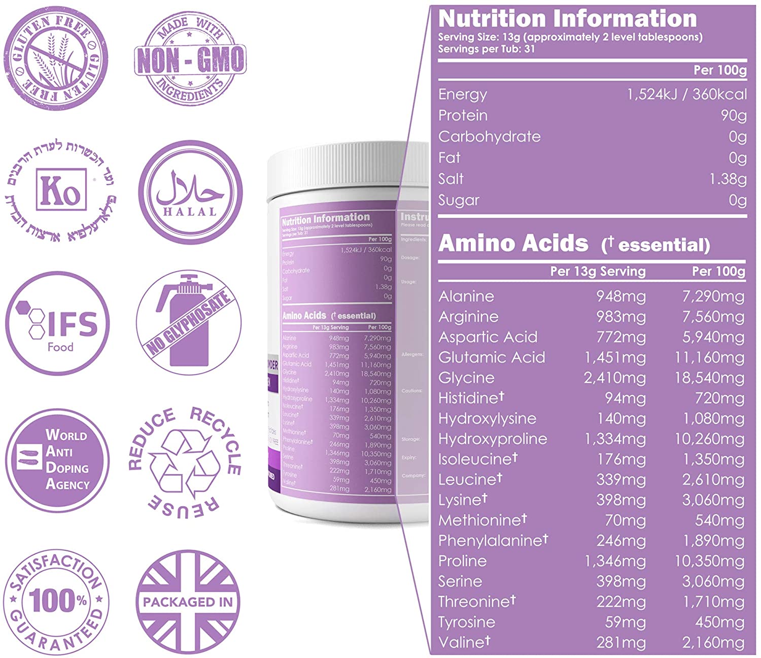 Edible Health Collagen Powder 400g, Types 1 & 3 Protein Peptides, 18 Amino Acids, Hydrolysed Bovine Collagen Supplement - Image 3
