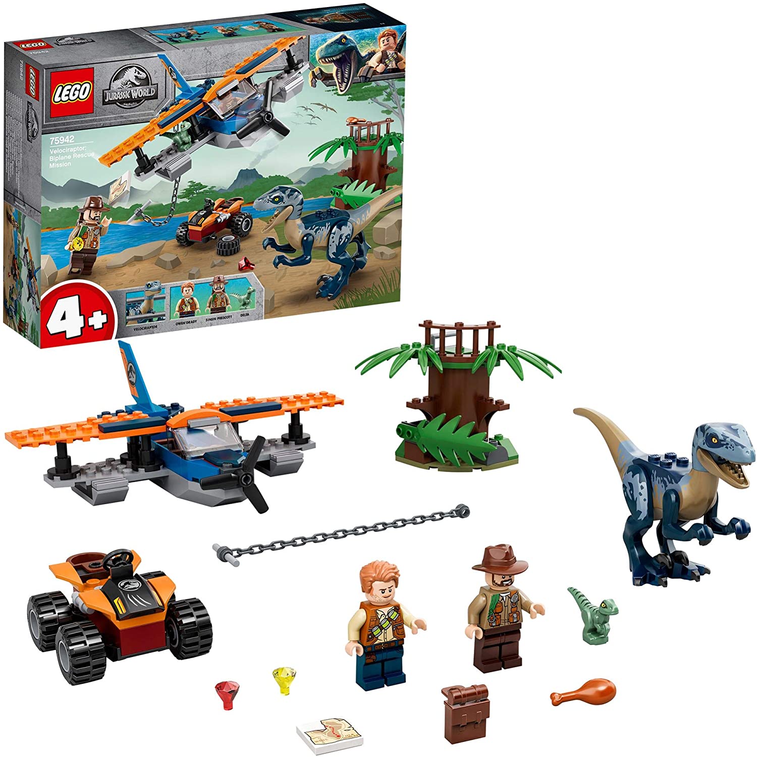 LEGO 75942 Jurassic World 4+ Velociraptor: Biplane Rescue Mission Dino Toys for Preschool Kids, Multicolor
