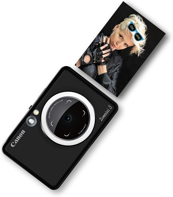 Canon Zoemini S Instant Camera & Photo Printer (Matt Black), Pocket-sized 8-megapixel camera printer with ring-light, selfie mirror and remote shutter. Instantly print sticky-backed photos on the go.