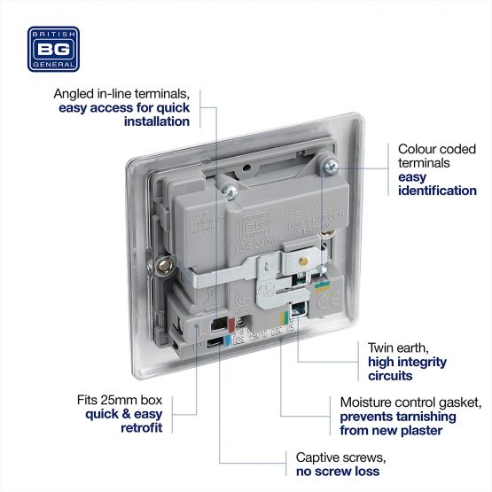 BG Electrical nbs21ug Fast Charging Switched Single Socket with Two Charging USB Ports, Brushed Steel, 13 A - Image 4