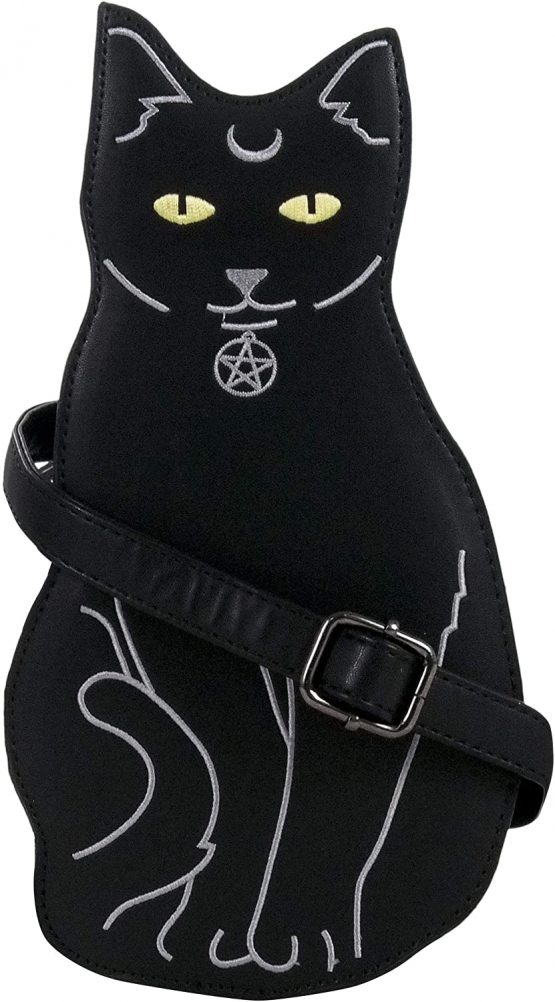 GOTHIC BLACK PAGAN CAT SHOULDER BAG GOTHX Ladies Long Strap Vegan Leather Black Handbag | Pagan Punk Rock Goth Bag