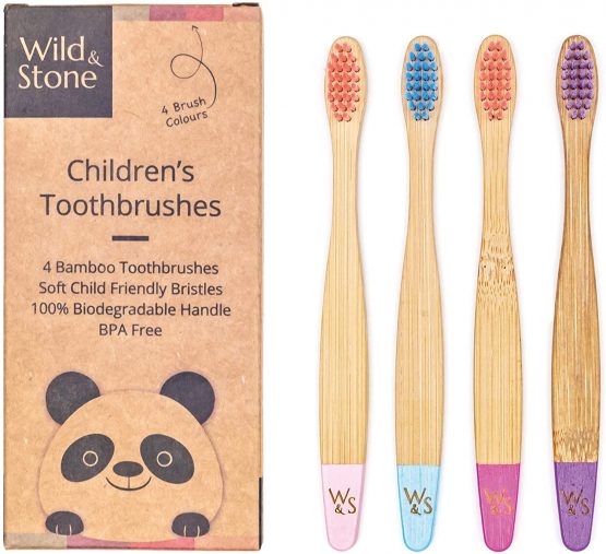 Organic Children's Bamboo Toothbrush | 4 Pack Candy Colour | Soft Fibre Bristles | 100% Biodegradable Handle | BPA Free | Vegan Eco Friendly Kids Toothbrushes by Wild & Stone