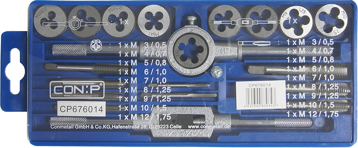 Con:P CP676014 Threading Dies Set (20 Pieces), Multicoloured, M3, M4, M5, M6, M7, M8, M9, M10, M12