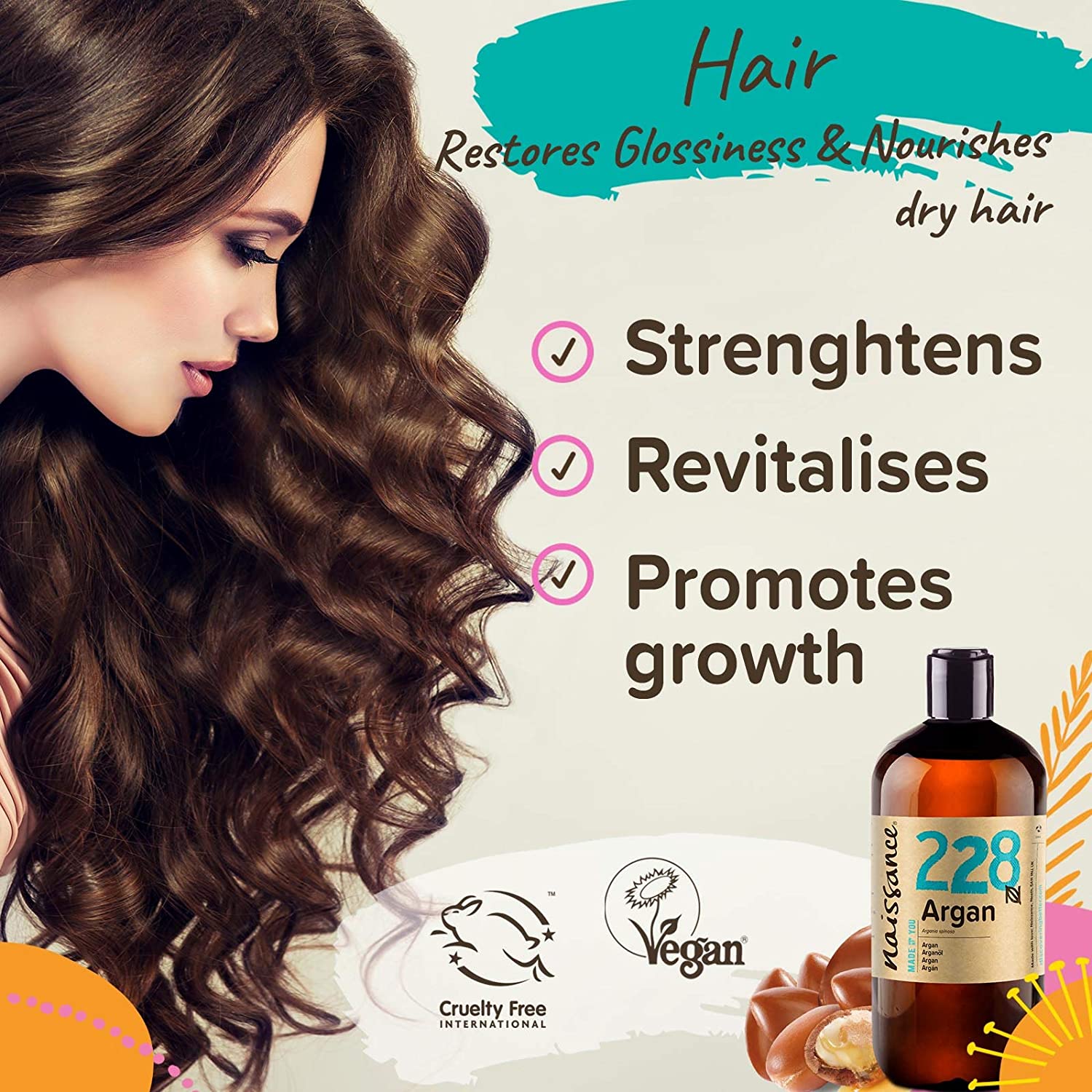 Naissance Argan Oil (No. 228), 450ml, Natural Growth Hair Mask, Anti-Ageing, Moisturiser & Conditioner for Face Skin - Image 2