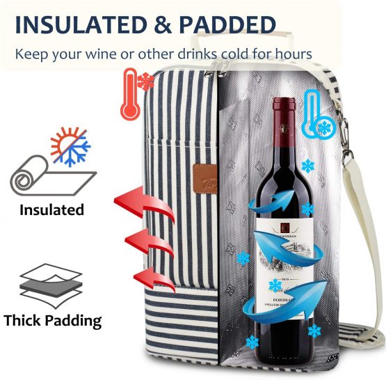 Kato Tirrinia Insulated 2 Bottle Wine Cooler Bag - Wine Cooler Tote Carrier for Picnic, Beach, Wine Lover Gift, Grey - Image 4