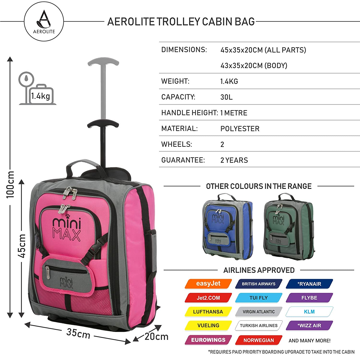 MiniMAX Kids Childrens Carry On Hand Cabin Luggage Trolley Backpack Bag Suitcase with Pouch for Your Favourite Doll/Action Figure/Teddy Bear - Image 2