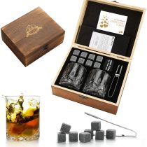 Whisky Stones and Glasses Gift Set, Whisky Rocks Chilling Stones in Handmade Wooden Box– Cool Drinks Without Dilution – Whisky Glasses Set of 2, Gift for Dad, Husband, Men (Whiskey Stones Gift Set)
