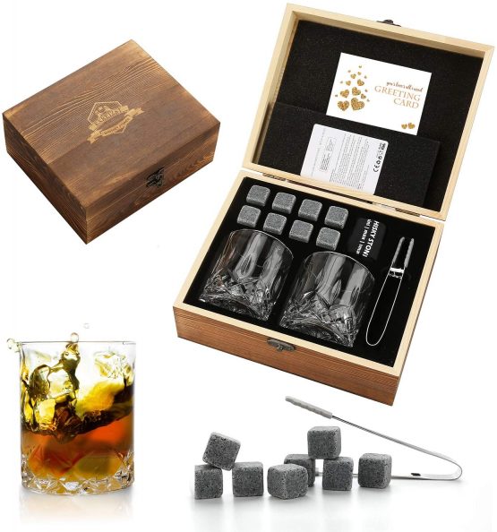 Whisky Stones and Glasses Gift Set, Whisky Rocks Chilling Stones in Handmade Wooden Box– Cool Drinks Without Dilution – Whisky Glasses Set of 2, Gift for Dad, Husband, Men (Whiskey Stones Gift Set)