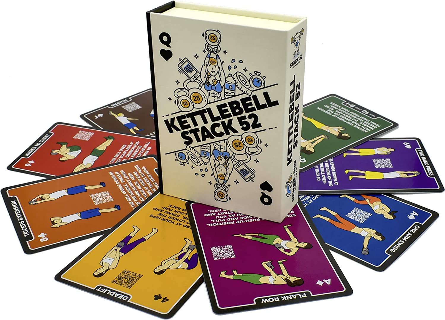 Stack 52 Kettlebell Exercise Cards. Workout Playing Card Game. Video Instructions Included. Learn Kettle Bell Moves and Conditioning Drills. Home Fitness Training Program. (2019 Updated Deck)