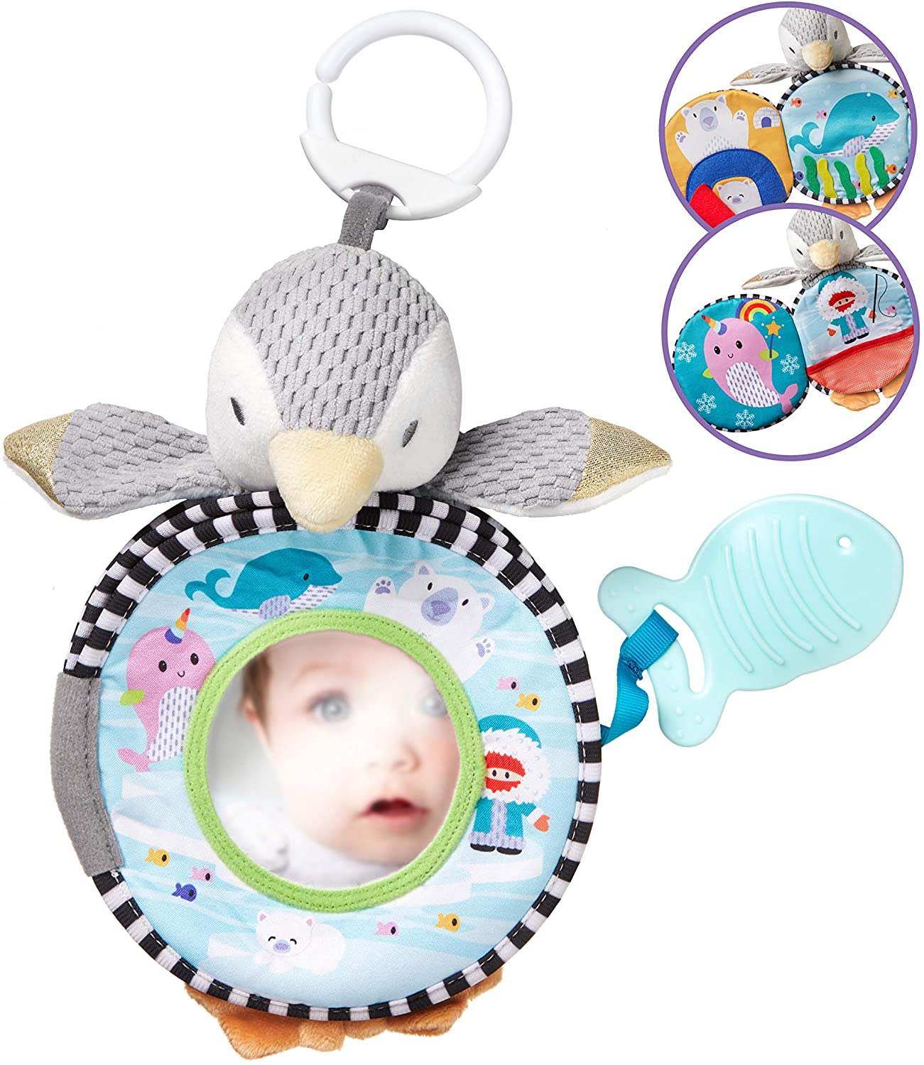 Nuby Soft Plush Pram Toy - Interactive Sensory Story Book with Baby-Safe Mirror, Grey