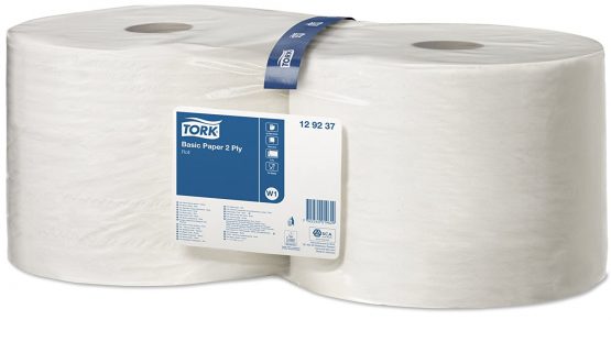 Tork 129237 Basic Paper 2 Ply / Absorbent, Recycled Paper Roll Suitable for Tork W1 Wipers Wall/Floor/Standard System / White / 2 x 510m / Ø 31.5cm