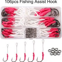 SHADDOCK 106pcs Fishing Assist Hooks Tackle 420 Stainless Steel Jigging Assist Fishing Hooks Kit with Strong PE Line Split Rings